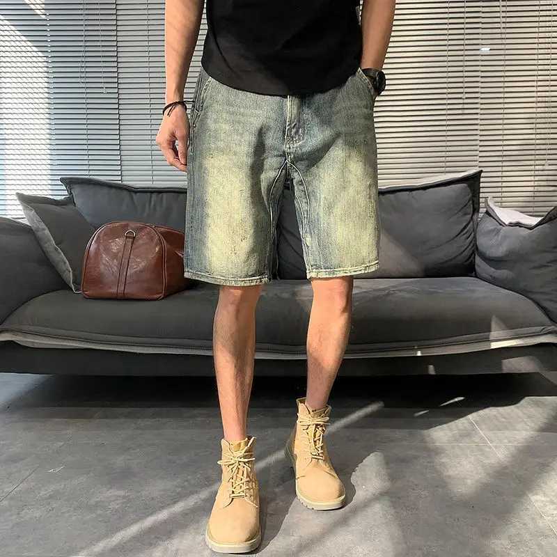 Male Denim Shorts Long Half Bermuda Mens Short Jeans Pants Straight Korean Fashion Designer Original Cowboy Blue Y2k Sale XlXJ250117