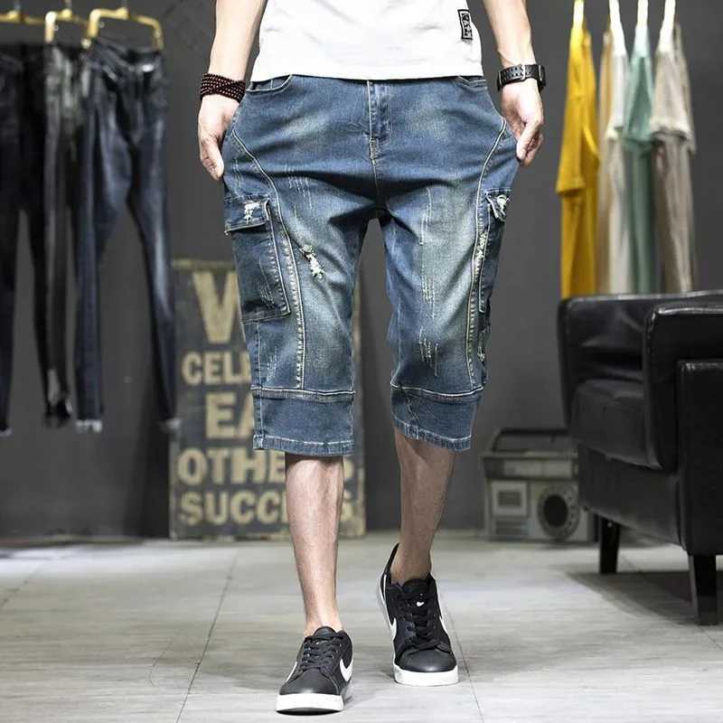 Mens Short Jeans Pants Half with Pockets Male Denim Shorts Knee Length Long Cargo Korean Fashion Hip Hop Vintage Y2k Summer XlXJ250117