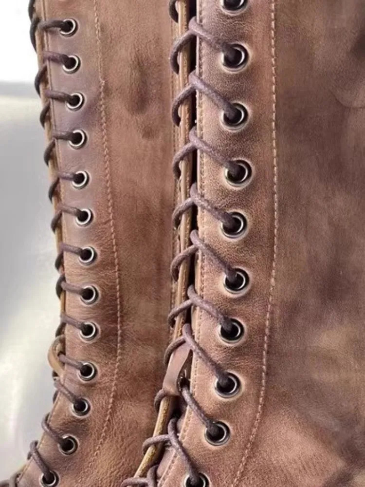 Designer Fashion Shoes Lace Up Zipper Women Cowskin Genuine Leather Boots Round Toe Autumn Female Vintage Knight Knee High 250117
