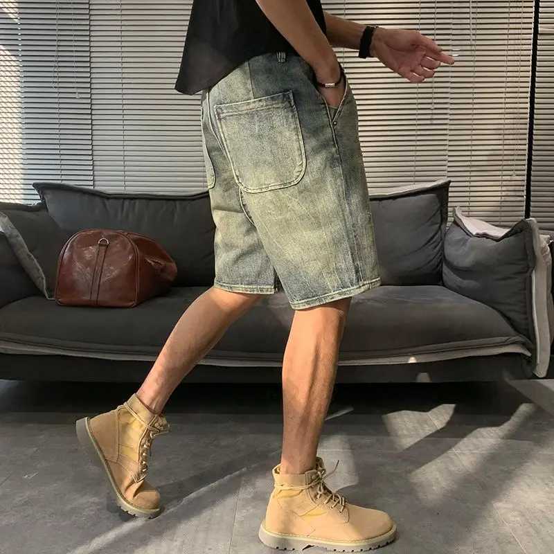 Male Denim Shorts Long Half Bermuda Mens Short Jeans Pants Straight Korean Fashion Designer Original Cowboy Blue Y2k Sale XlXJ250117