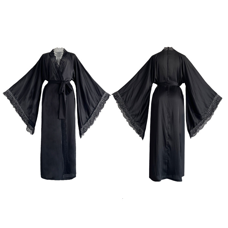 New Satin Sleepwear Lace Light Luxury Long Sleeved Cool Sleeping Robe Bathrobe Home Wear Women 336