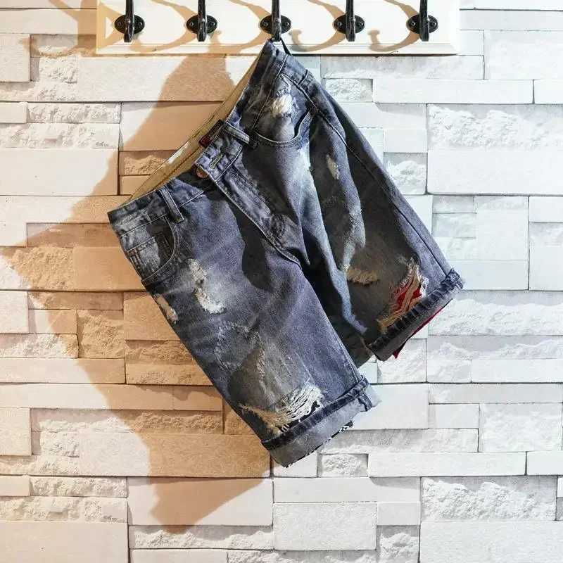 Man Denim Shorts Straight With Pockets Ripped Short Jeans Pants For Men Streetwear New In Y2k Fashion Popular Xl VintageXJ250117