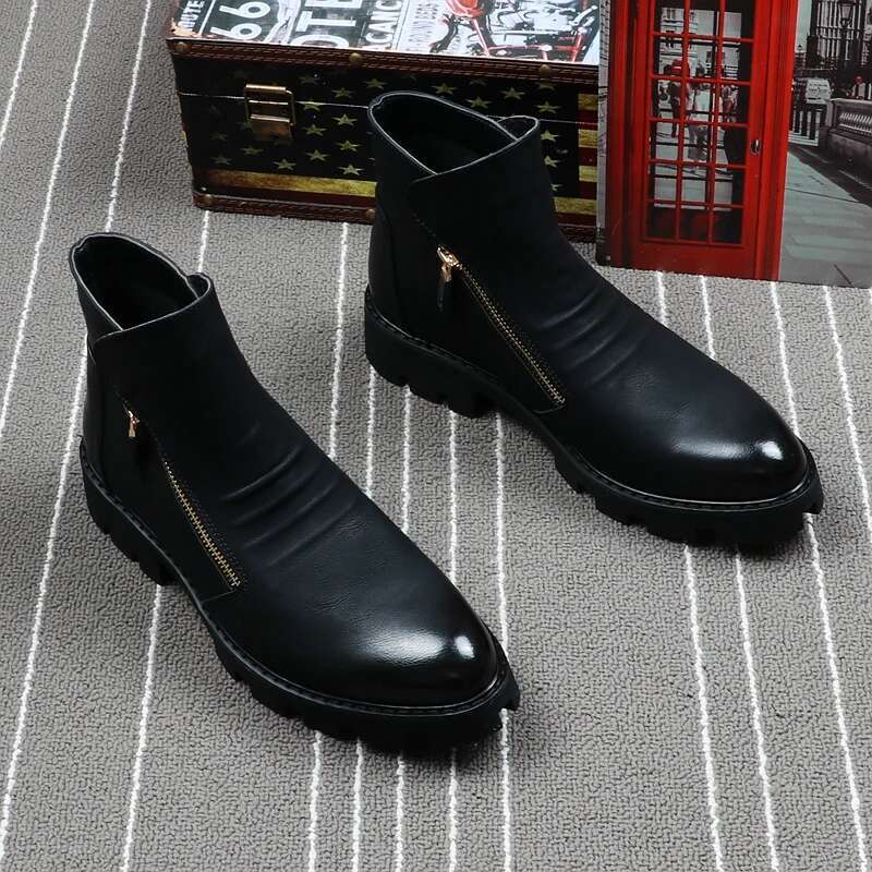 CuddlyIIPanda Designer Men Ankle Fashion Leather Boots British Side Zipper Pointed Toe Male Shoes