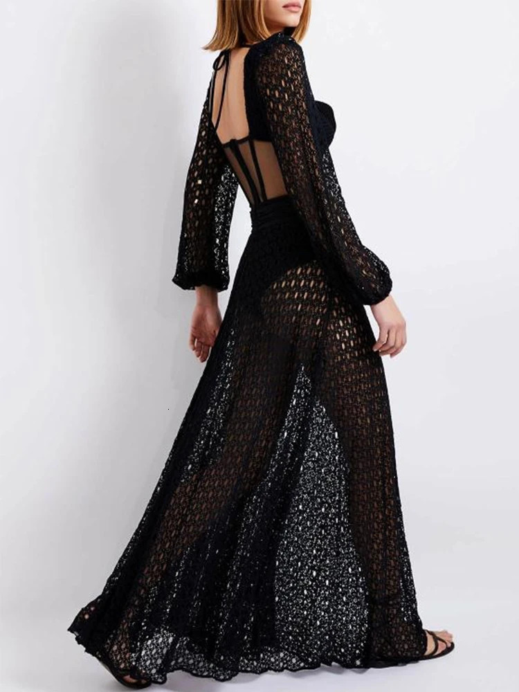 Crochet knit Maxi swimsuit top swimsuit Crochet dress cut elastic bikini womens beach summer outfit 250109