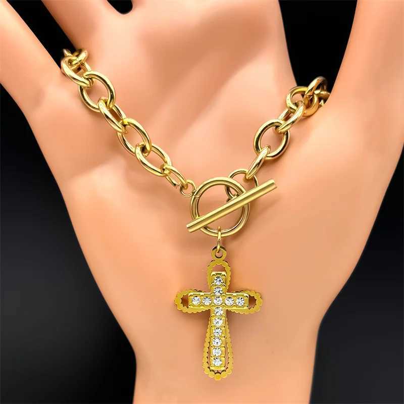Trend Cross Bracelet Stainl Steel Gold/Silver Color Rhinestone Men Women Religion Hand Chain Jewelry AmuletXJ250117