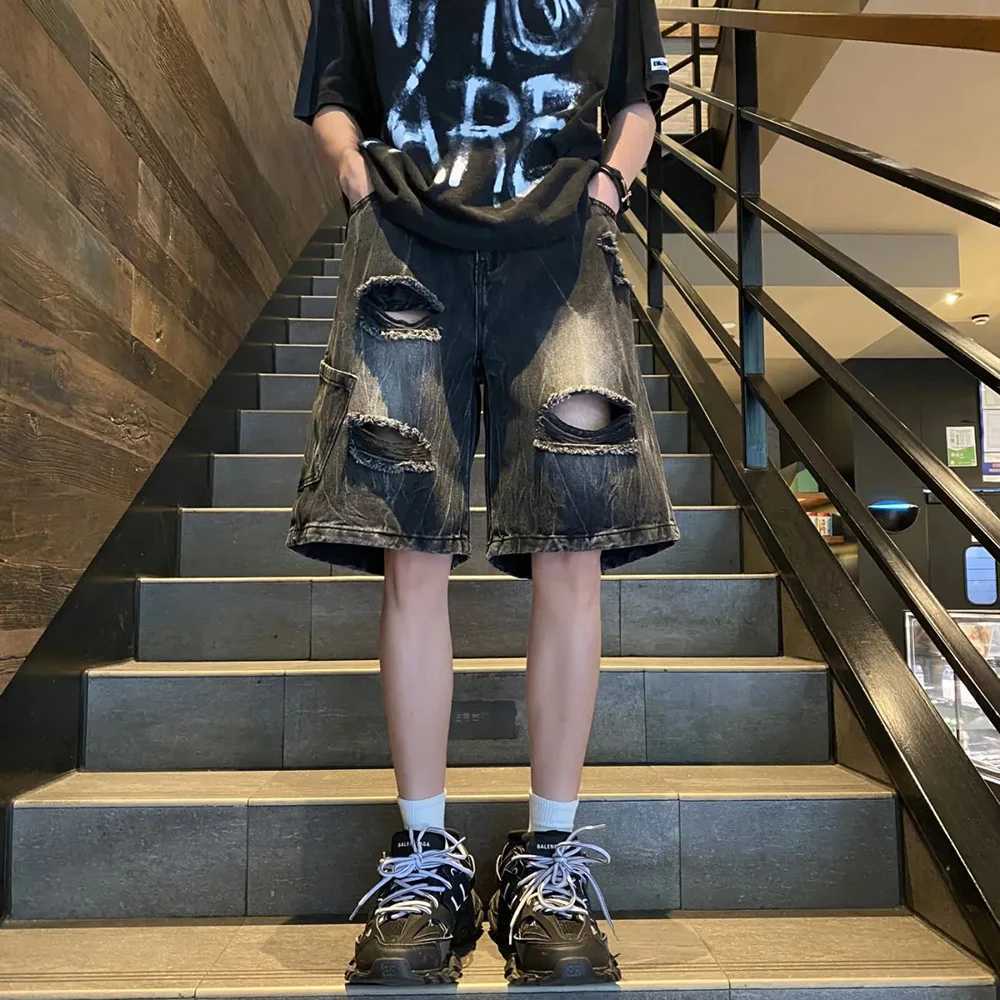 Mens Denim Shorts Ripped Trendy Y2k Lightning Pattern Shorts High Street American Style Versatile Retro Shorts Thin Summer 2024XJ250117