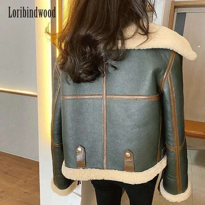 2023 New Winter Clothes Green Ing Large Lapel Motorcycle Clothing Women's Thickened Short Fur One-Piece Sheepskin Coat