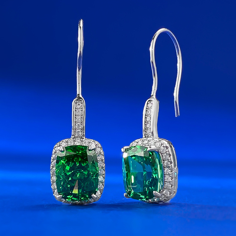 Gorgeous Dangle Earrings Jewelry Real 100% Sterg Sier Cushion Shape White Moissanite Dia Emerald Women Wedding Drop Hook Earring Gift