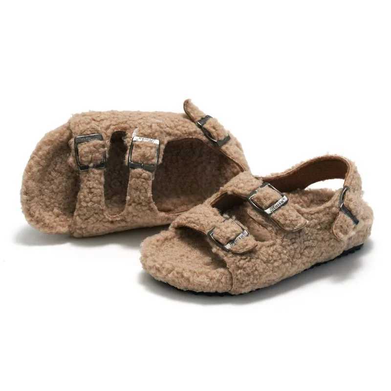 Sandals 2022 Baby Boy/Girl Wool Shoes Winter Cork Sandals Infant Double Buckle Band Lambswool Shoes Child Plush Cotton Fur Clog BootsY250116YSZK