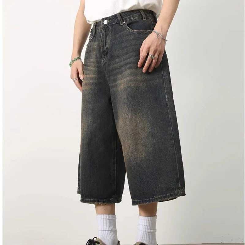 Men Women Y2k Style Baggy Denim Shorts Wide Leg Short Pants Fashion High Waisted Dark Wash Knee Length Loose Unisex Jeans CasualXJ250117