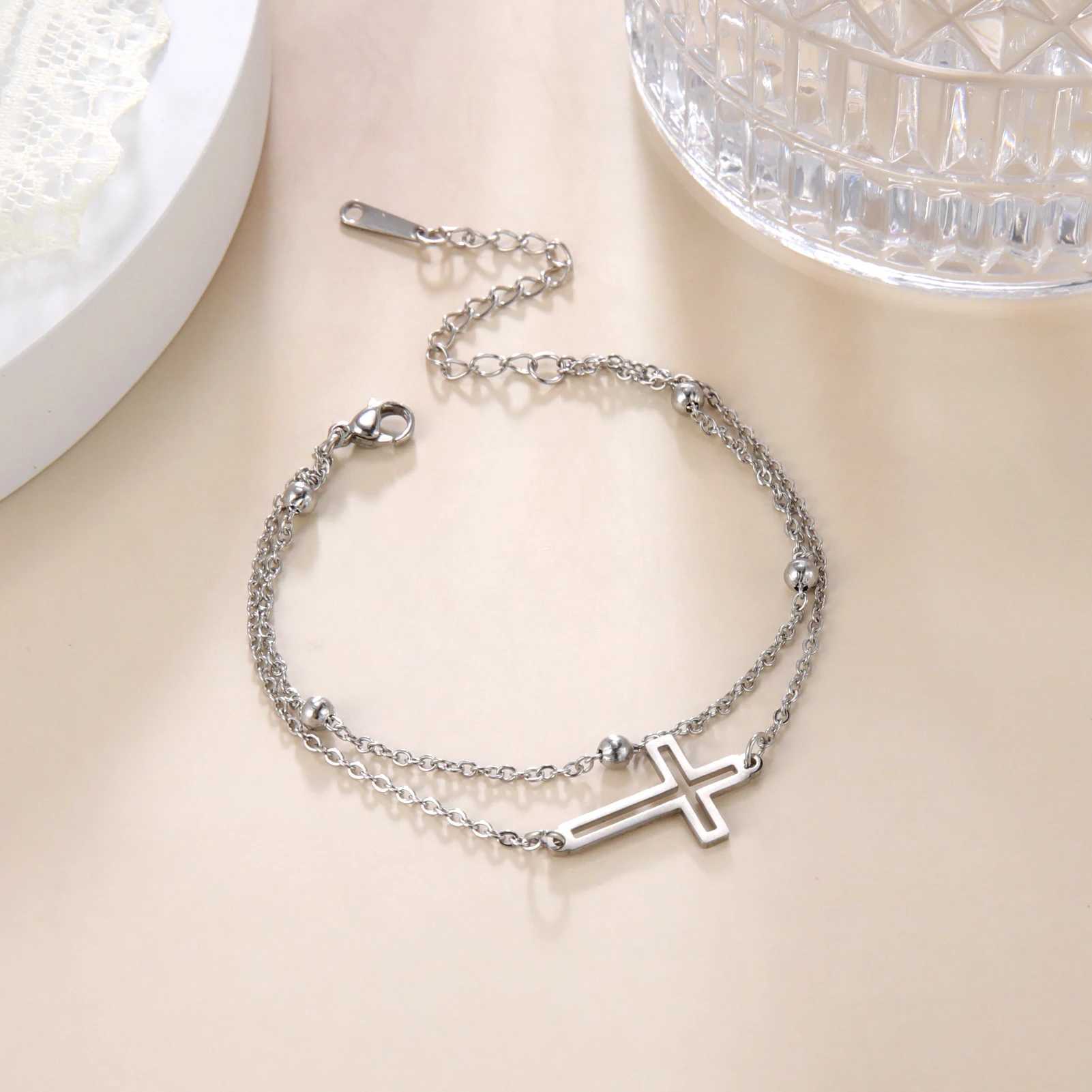 Fashion Womens Jewelry Cross Pendant Bracelets Stainl Steel Double Layer Chain Bracelets for Men Women Trend GiftXJ250117