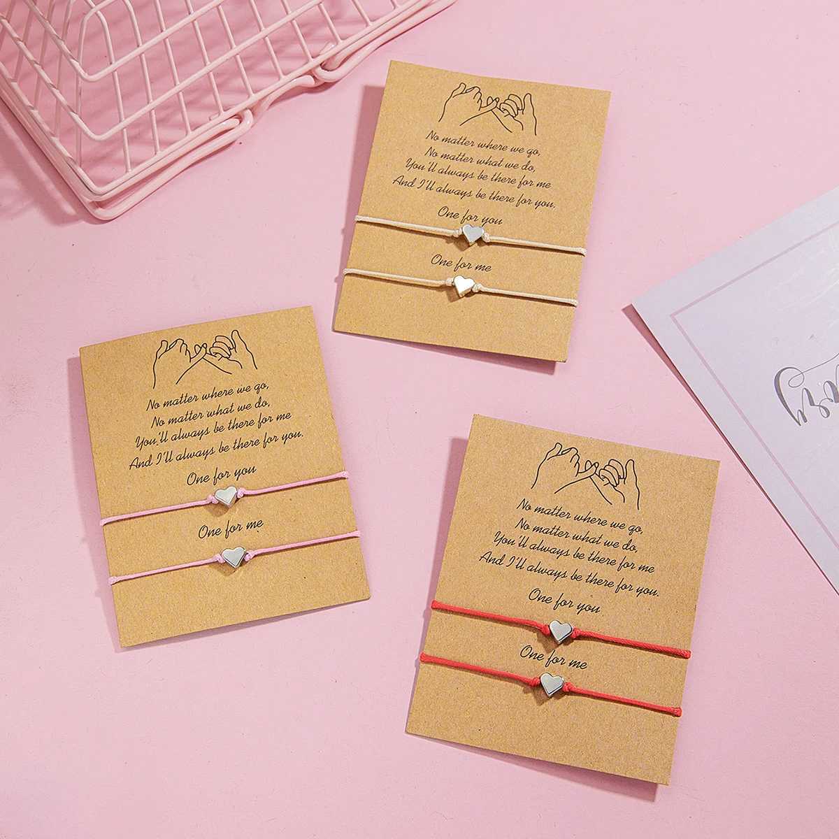 2 PCS Card Sets of Minimalist Casual Style Copper Heart Adjustable Rope Chain Couple Bracelet Jewelry Valentines Day GiftXJ250117
