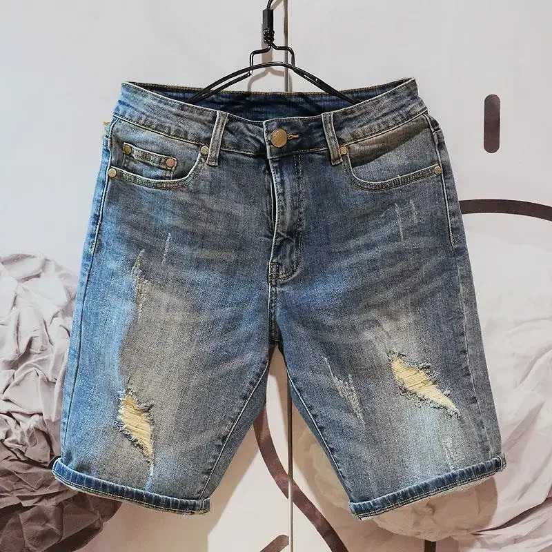 Short Jeans Pants For Men Ripped Blue With Pockets Original Man Denim Shorts Sale Xl Cowboy Thin Vintage Y2k Fashion CutXJ250117