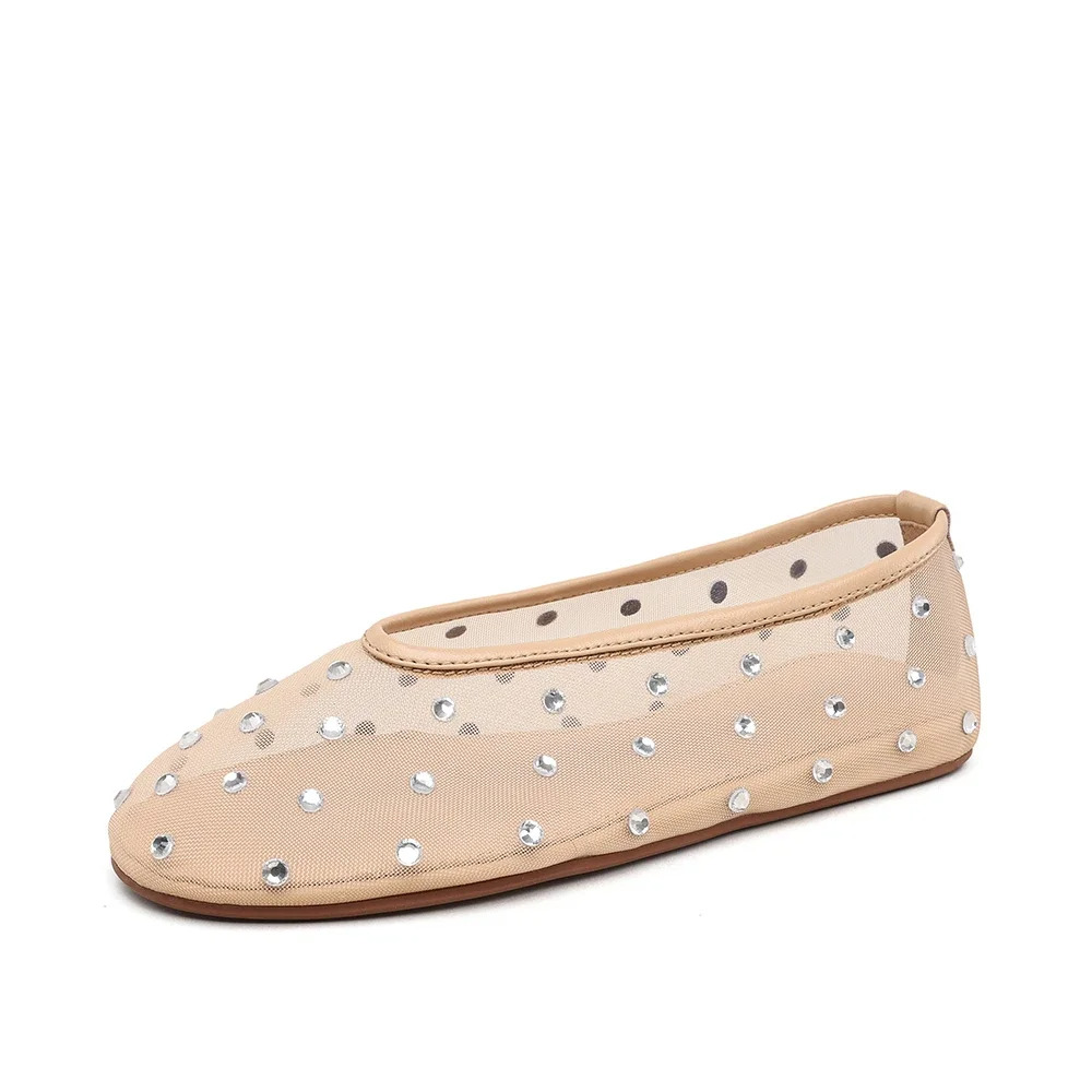 Smile Circle Marcy Wmbellished Mesh Ballet Transparent Crystal Flats Round Toe Genuine leather Women sandals ddmykukumalu
