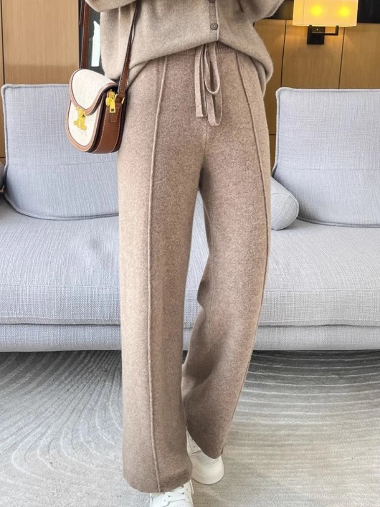 Highend Cashmere Temperament Wideleg Pants Womens High Waist 100 Pure Wool Loose Casual Straight Outer Trousers 250106