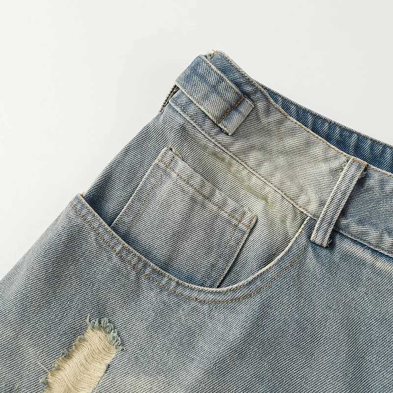 Y2K Washed Denim Shorts Vintage Blue Wide Leg Jeans Shorts For Men Summer Loose Casual Hole Ripped Shorts Blue Sweatpants PantsXJ250117