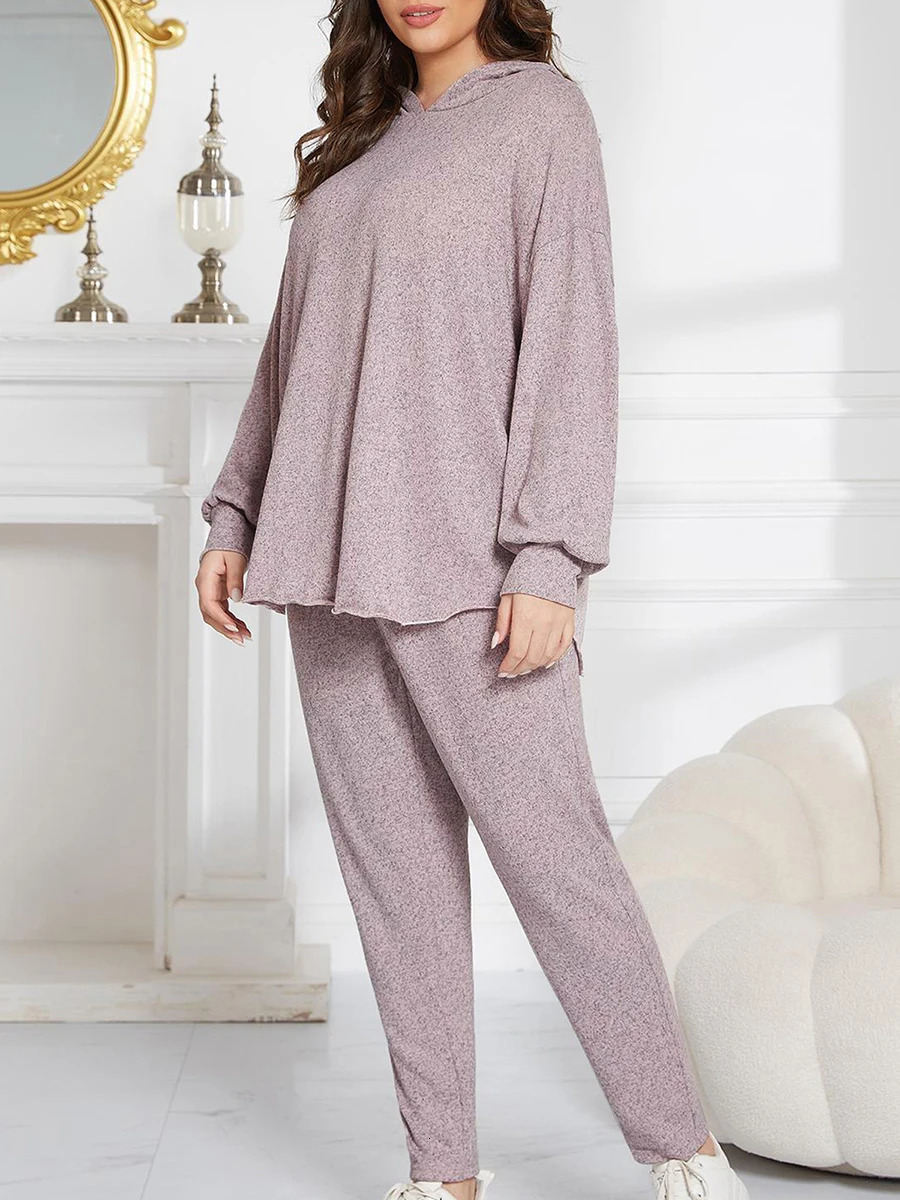 Women s Cozy 2 Piece Lounge Set with Long Sleeve Hooded Top and Matching Pants in Solid Color Perfect Sleepwear Plus Size 250109