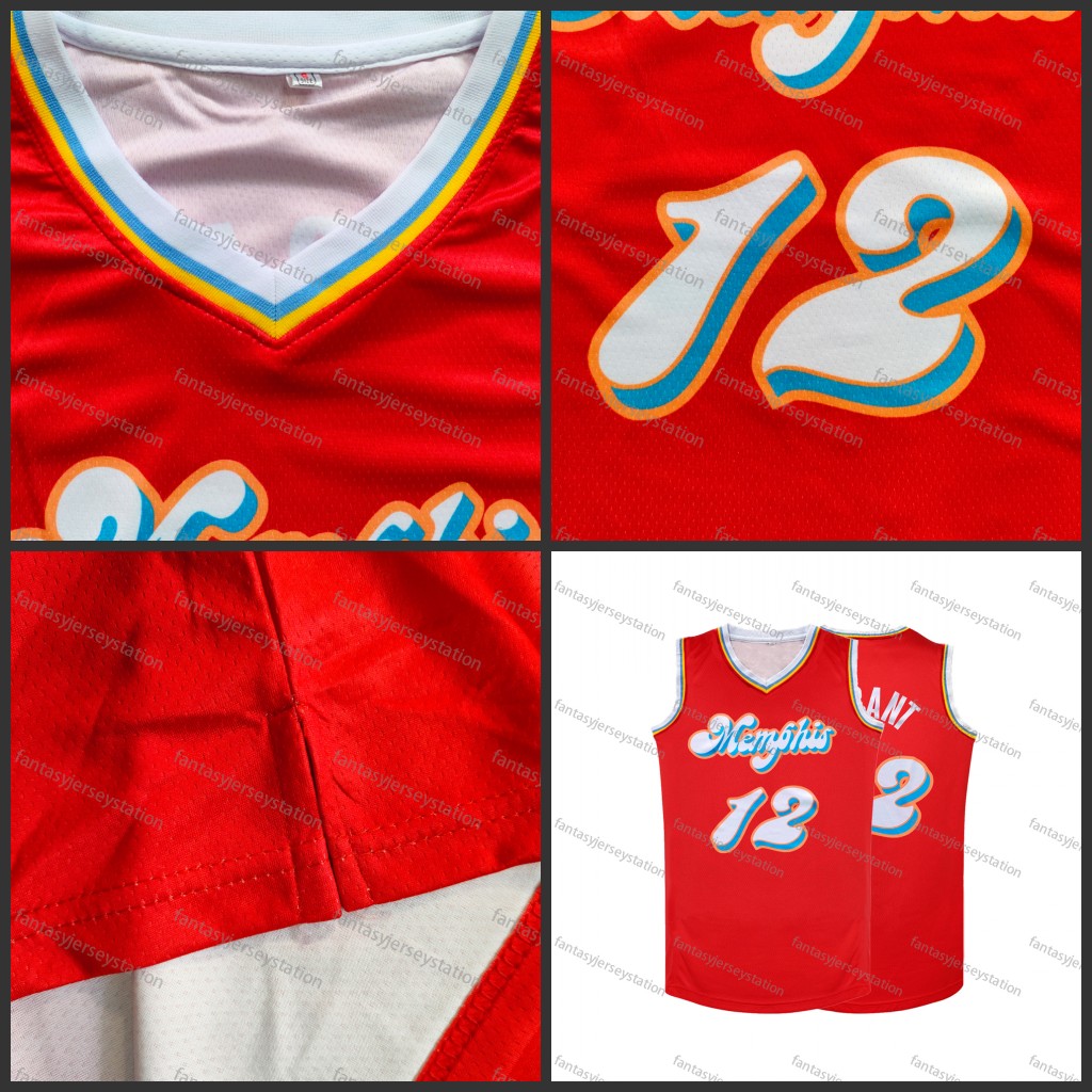 IN STOCK Men's #12 Red Basketball Jersey - Breathable, Stretchy V-Neck Tank Top for Sports & Casual Wear, Embroidered Morant Sizes S-3XL Fast Shi