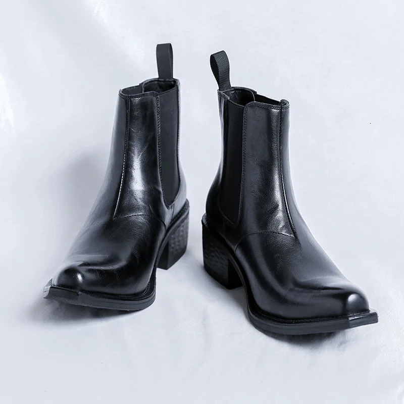 Mens Ankle Business Boots High Heels Handmade Spring Vintage British Style Comfortable Black Wedding Social Shoes Male 250114