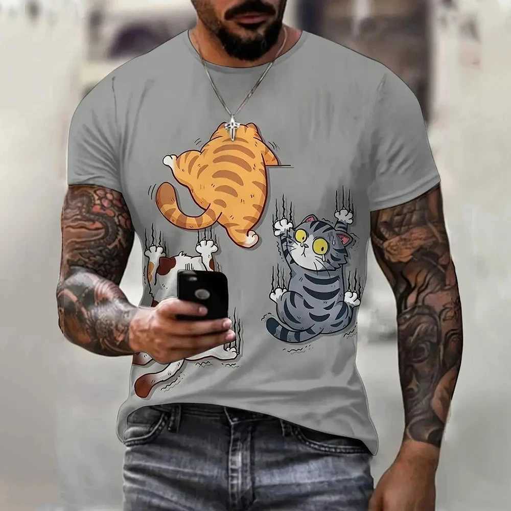 Summer Mens T Shirt Cat Print Casual Short Sleeve 3D T Shirts Fashion Streetwear Crew Neck Pullover Oversized Male ClothingXJ250117