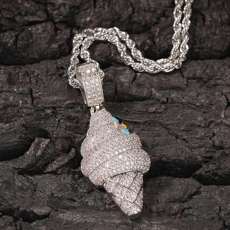 Hip Hop Cubic Zirconia Bling Iced Out Silver Color Ice Cream Pendants Necklace for Men Women Fashion Jewelry Drop 250116