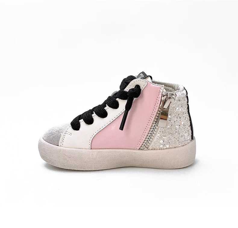 Athletic Outdoor Luxury Glitter Slide Powder Black Pink Mid-Top Glitter Leather Sneakers Star Wave Kids Leather Glitter High Top Sports TrainersY25011