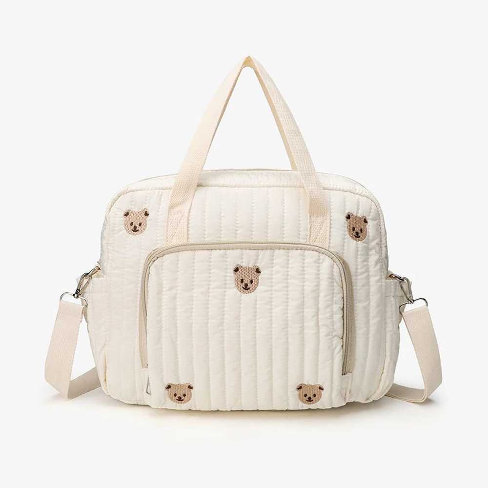 Cute Bear Flower Embroidery Pattern Baby Beige Cotton Fabric Zipper Diaper Handbag New Luggage BagXJ250117
