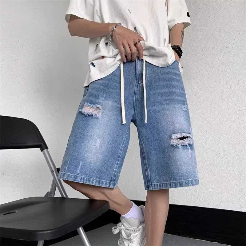 Summer Distressed Ripped Denim Shorts Mens Drawstring Retro Fashion Short Jeans Hombre Y2K Streetwear Baggy Blue Bermuda shortsXJ250117