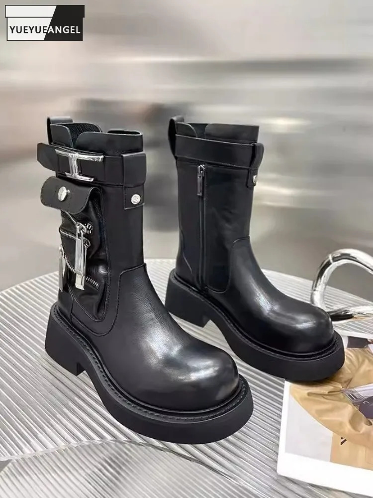 Women Genuine Leather Motorcycle Boots Autumn Winter Vintage British Style Platform High Top Shoes Punk Cargo Female 250117