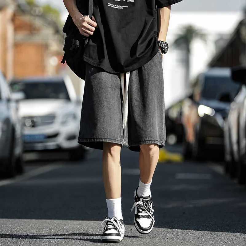 Summer Y2K Denim Shorts For Men Korean Fashion Vintage Straight Short Jeans Casual Streetwear Baggy Drawstring Bermuda masculinaXJ250117