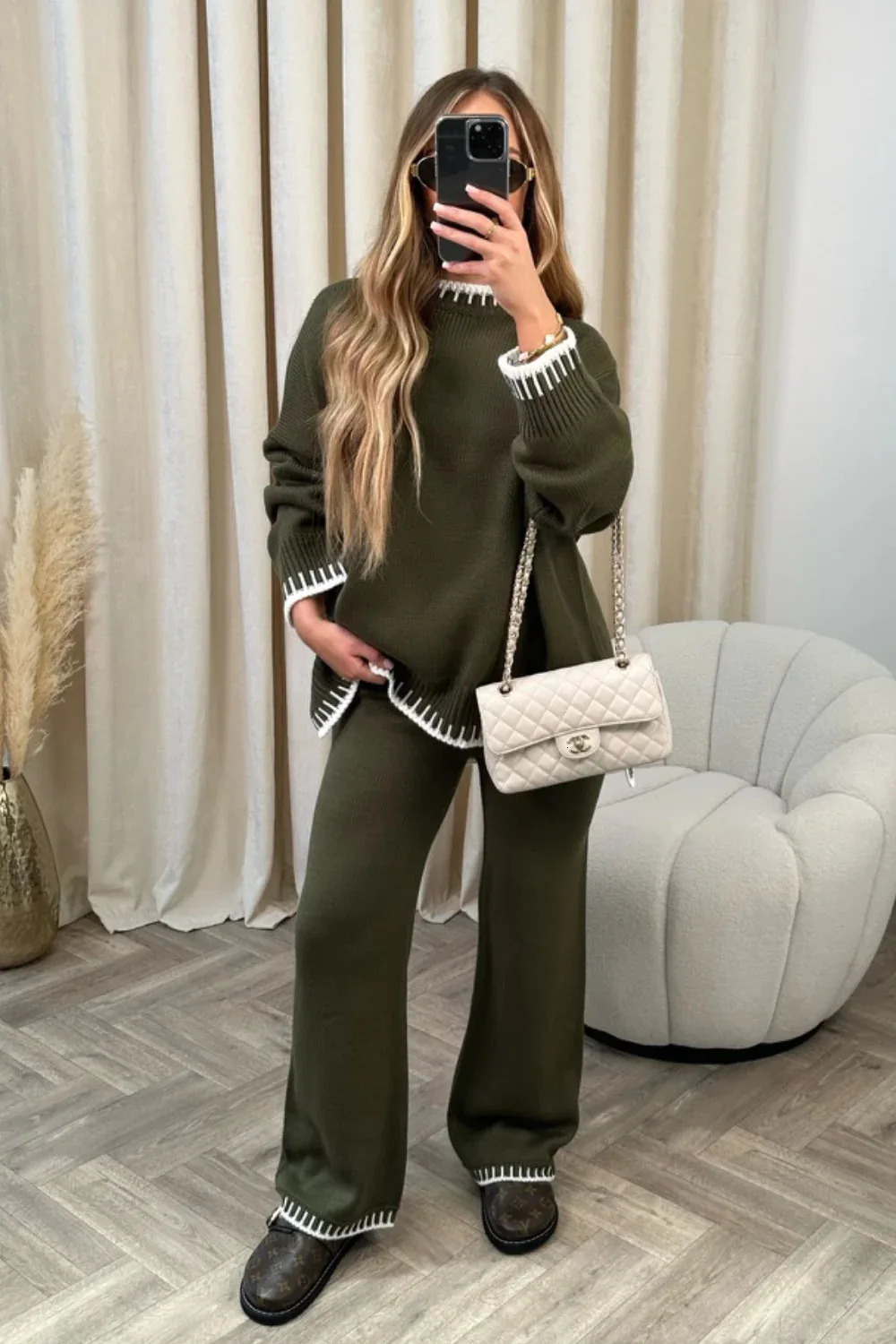Women Knitting 2 Piece Set Casual Loose O Neck Pullover Top Wide Leg Pants Two Piece Outfits Fashion Color Matching Home Suit 250113