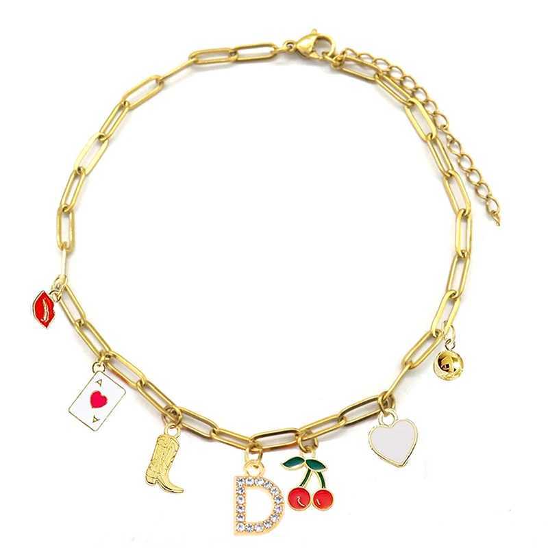 Enamel Red Lips Cherry Boot Letter Charm Bracelet Gold Plated Stainl Steel Chain Bracelets For Women Girls Cowgirl JewelryXJ250117
