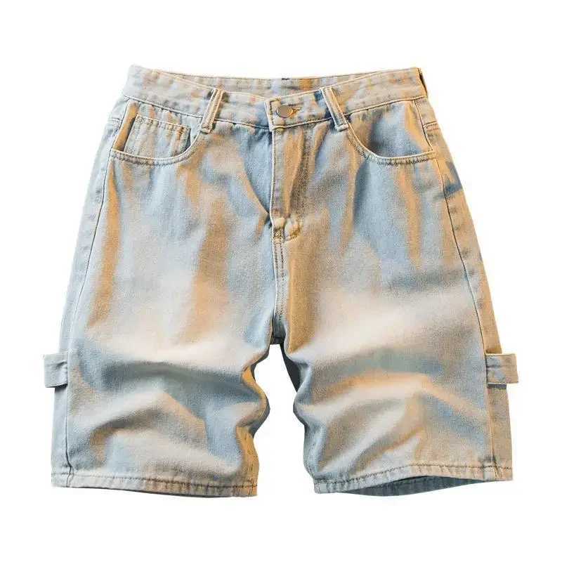 Male Denim Shorts Baggy Hip Hop Wide Zipper Mens Short Jeans Pants Loose Cut Jorts Streetwear Designer Y2k Fashion Blue KoreanXJ250117