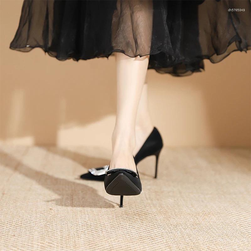 Dress Shoes Diamond High Heels Black Velvet Spring Socialite Temperament Pointy Shallow Commuter Square Buckle