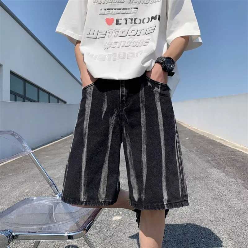 Summer Vintage Tie-dye Denim Shorts Mens Drawstring Y2K Streetwear Straight Short Jeans 2024 New Baggy Hip Hop Male shortsXJ250117
