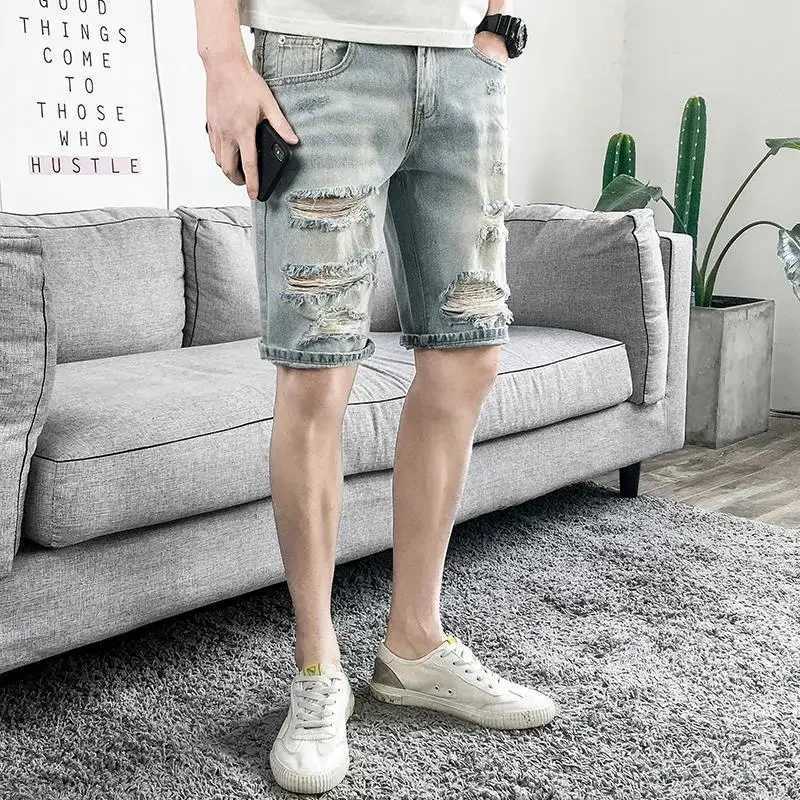 Man Denim Shorts Straight Ripped Bermuda Short Jeans Pants for Men Half Long Korean Fashion Streetwear Harajuku Y2k Trend 2024XJ250117