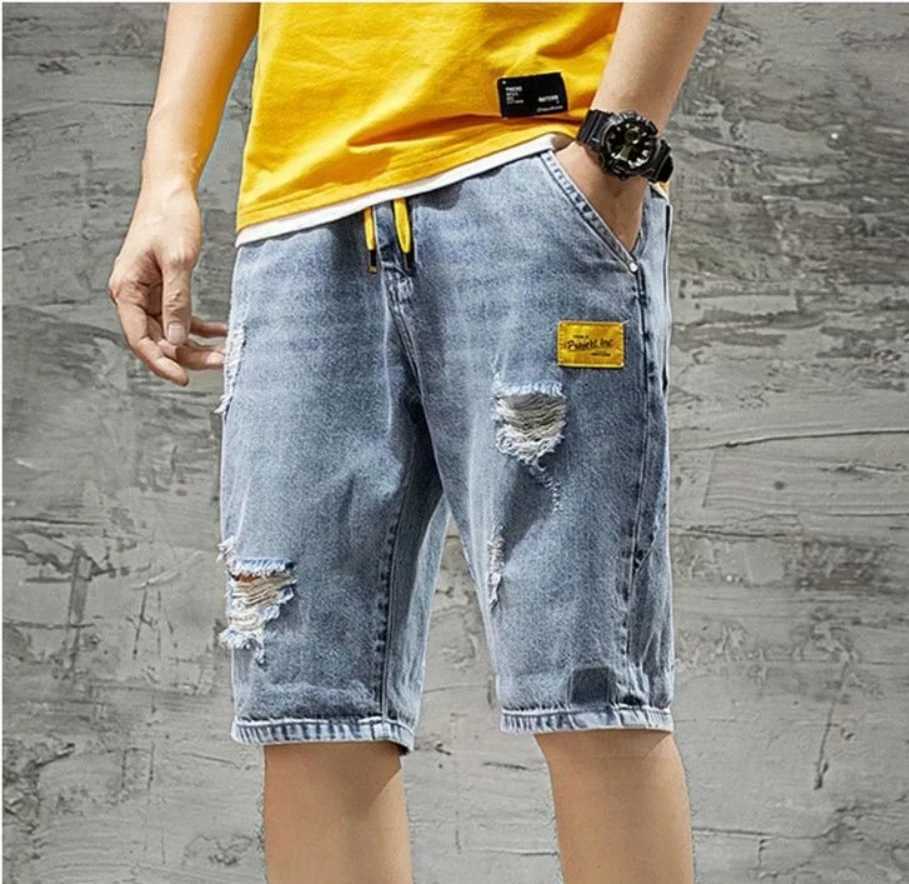 2024 Mens Summer Five-point Denim Shorts Fashion Hole Elastic Waist Loose Y2k Jeans ShortsXJ250117