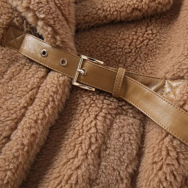 2024 Teddy Vest Lady Fashion Winter Wool Short Coat Leather Belt Women's Waistcoat Streetwear Gilet
