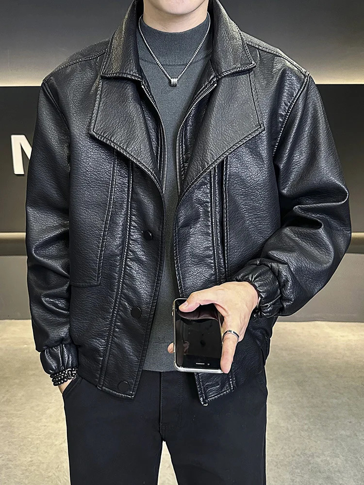 Trendy Splicing Leather Jacket Mens High Street Handsome Stylish PU Coat Autumn Korean Style Lapel Motorcycle Jacket 250109
