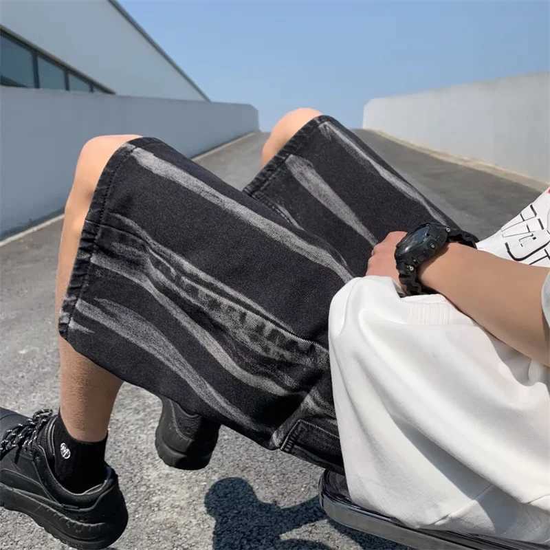 Summer Vintage Tie-dye Denim Shorts Mens Drawstring Y2K Streetwear Straight Short Jeans 2024 New Baggy Hip Hop Male shortsXJ250117