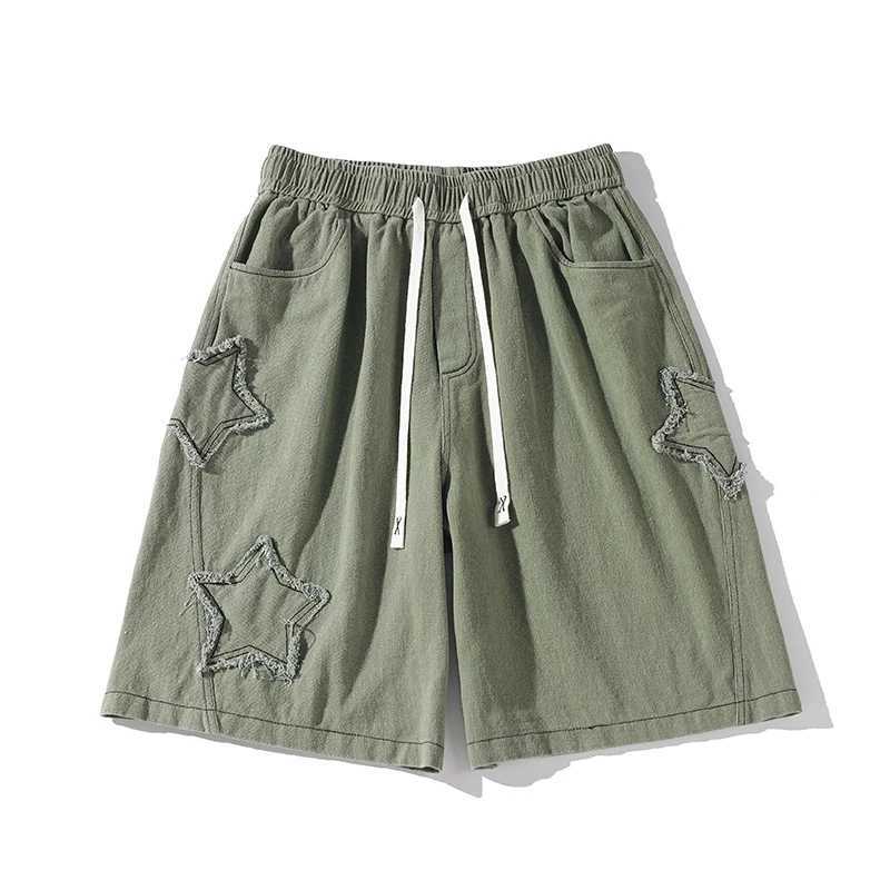 Men Vintage Summer Star Patchwork Denim Shorts Plus Size Drawstring Baggy Sweatshorts Male Y2k High Waist Chic Shorts StreetwearXJ250117