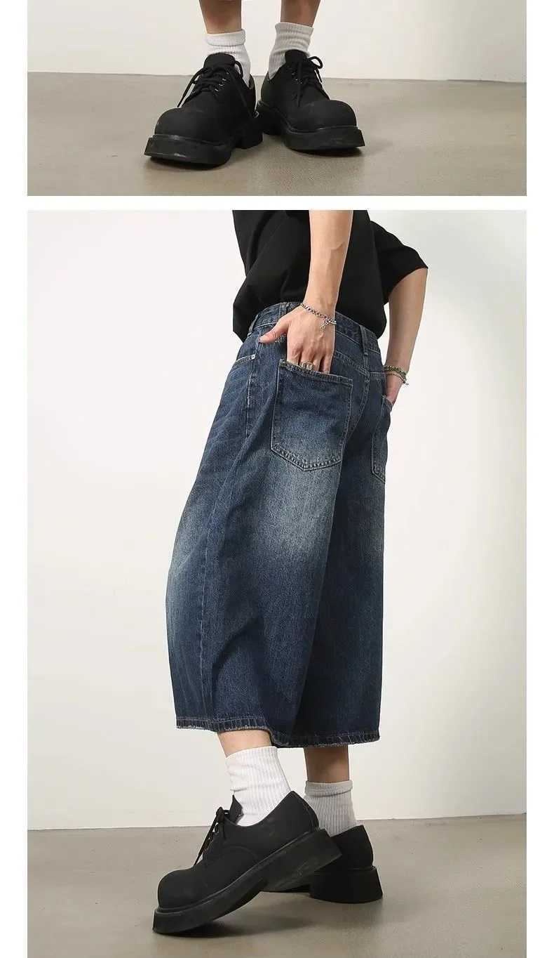 Men Women Y2k Style Baggy Denim Shorts Wide Leg Short Pants Fashion High Waisted Dark Wash Knee Length Loose Unisex Jeans CasualXJ250117