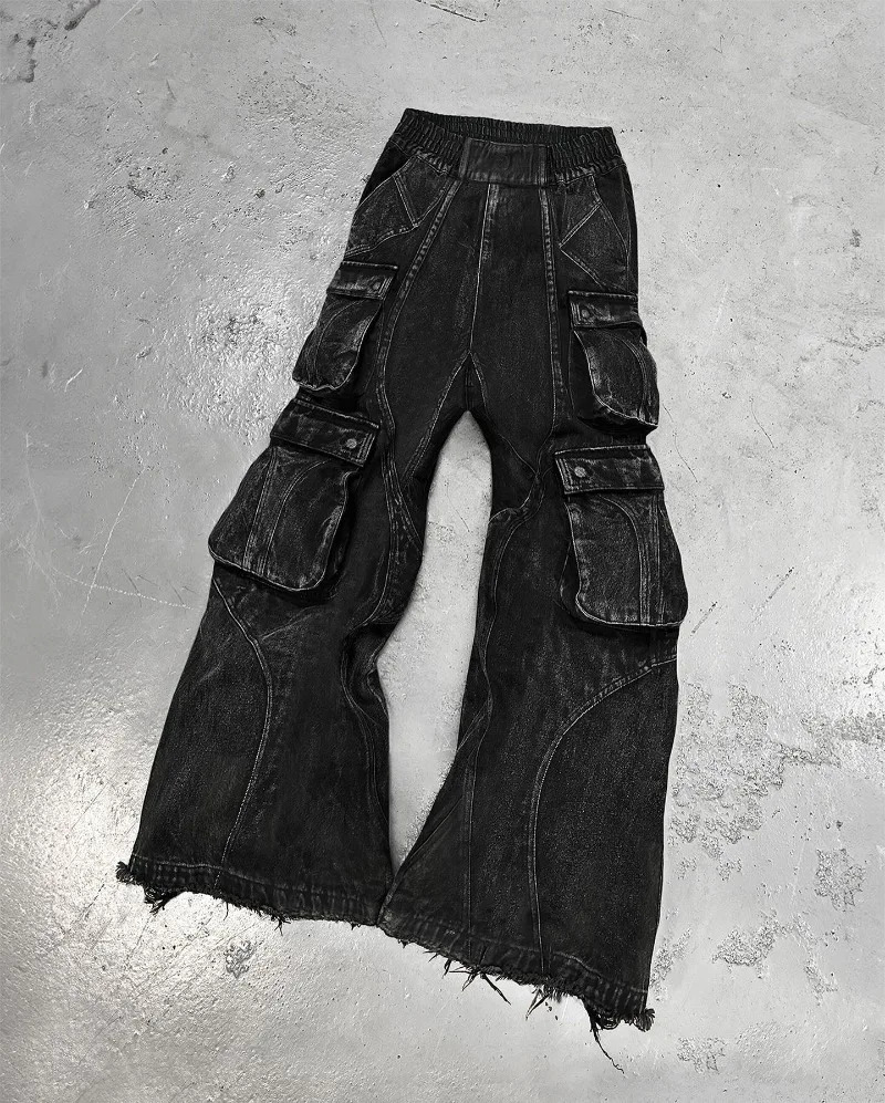 Streetwear Fashion Old Washing Heavy Industry Big Pocket Black Baggy Jeans Men Y2K Rock Hiphop Dark Casual Wide-leg Trousers 250109