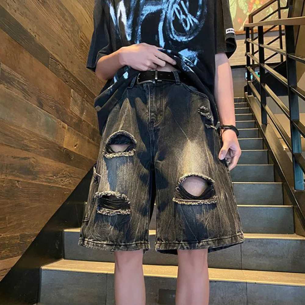 Mens Denim Shorts Ripped Trendy Y2k Lightning Pattern Shorts High Street American Style Versatile Retro Shorts Thin Summer 2024XJ250117