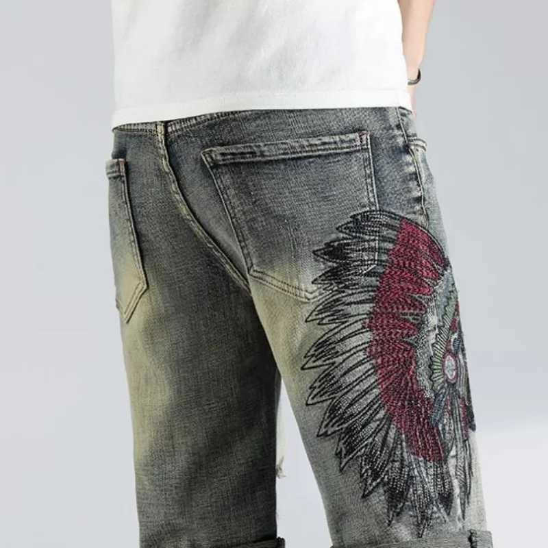 Man Denim Shorts Graphic Short Jeans Pants for Men Straight Retro Blue Ripped Buttons Cut Summer Y2k Baggy Jorts New in OriginalXJ250117