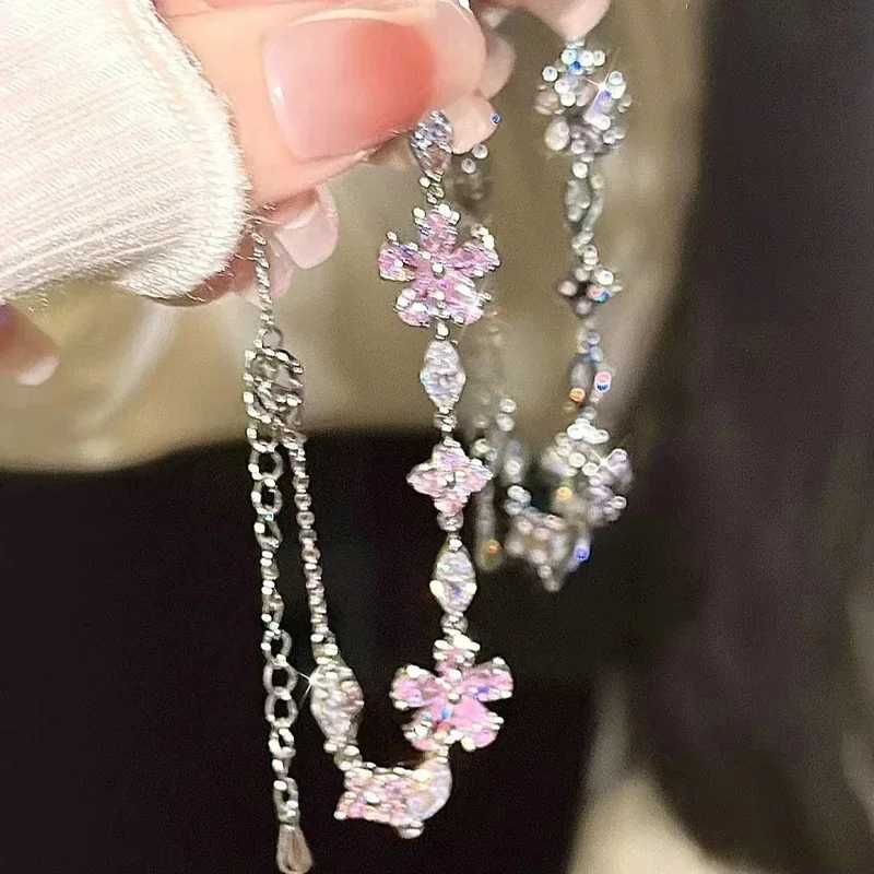 Elegant Fairy Pink Crystal Zircon Sakura Flowers Bracelet for Women Y2K Sweet Girls Cherry Blossom Moon Bow Knot Jewelry GiftsXJ250117