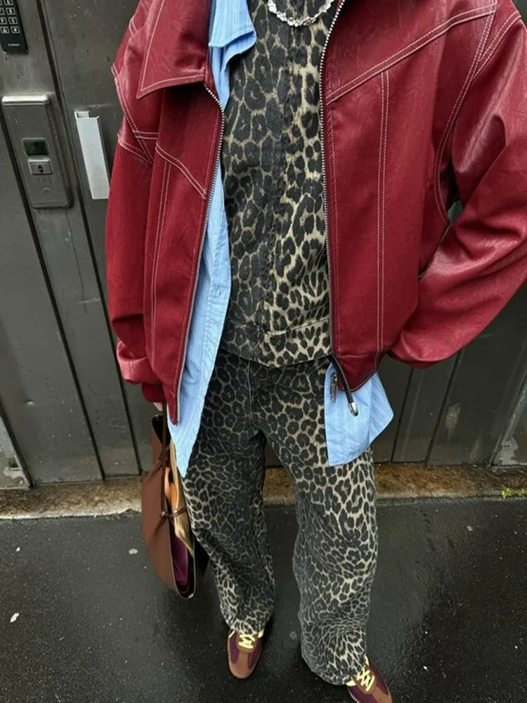 Vintage Zipper Leather Womens Jacket Loose Lapel Long Sleeve Oversize Female Motorcycle Coat 2024 Autumn Winter Lady Outerwears 250107