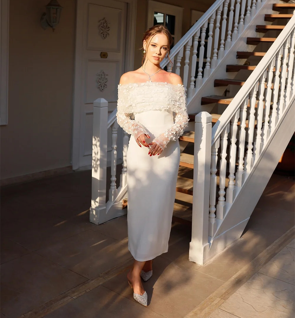 Simple Civil Wedding Dresses Sheath Tea Length Bridal Gowns With Detachable Long Sleeves Wrap 2025 Elegant Bride Dress Back Split