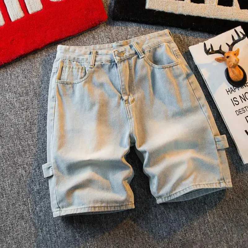 Male Denim Shorts Baggy Hip Hop Wide Zipper Mens Short Jeans Pants Loose Cut Jorts Streetwear Designer Y2k Fashion Blue KoreanXJ250117