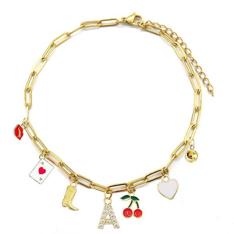 Enamel Red Lips Cherry Boot Letter Charm Bracelet Gold Plated Stainl Steel Chain Bracelets For Women Girls Cowgirl JewelryXJ250117